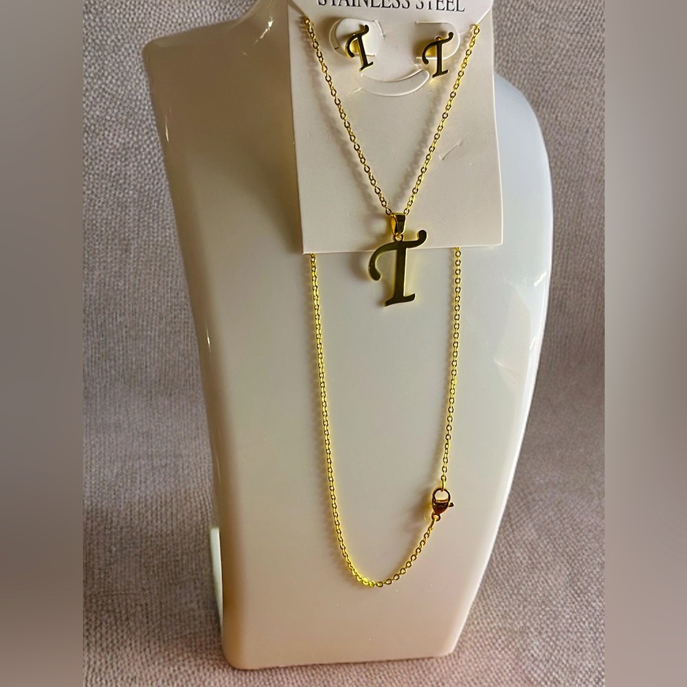 Gold Initial Necklace and Earring Set